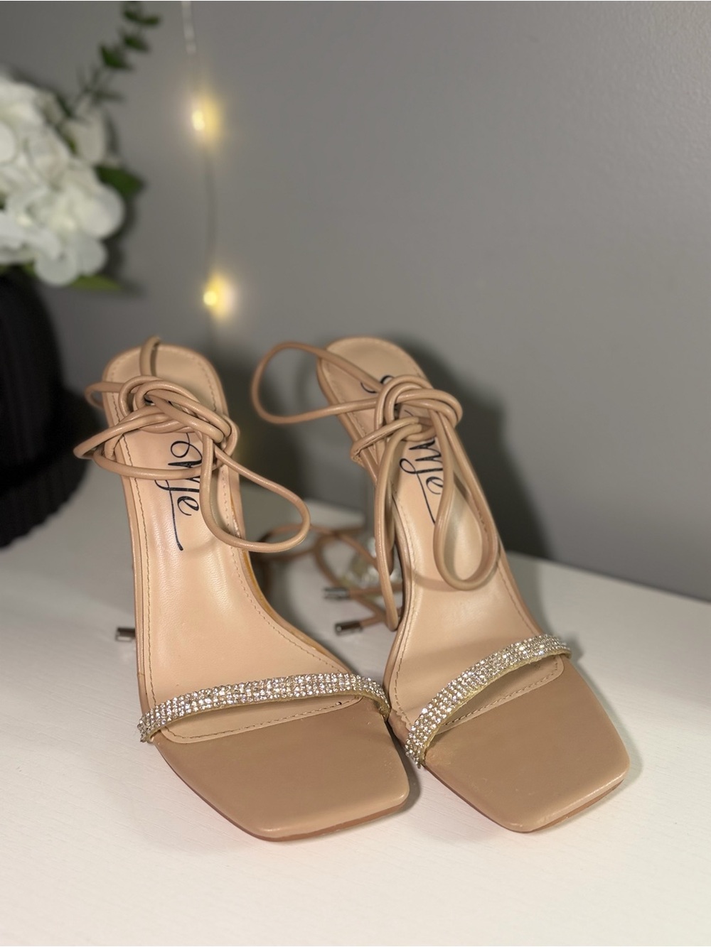 So Me Blush Tan Lace-Up Heeled Sandals with Rhinestone Strap